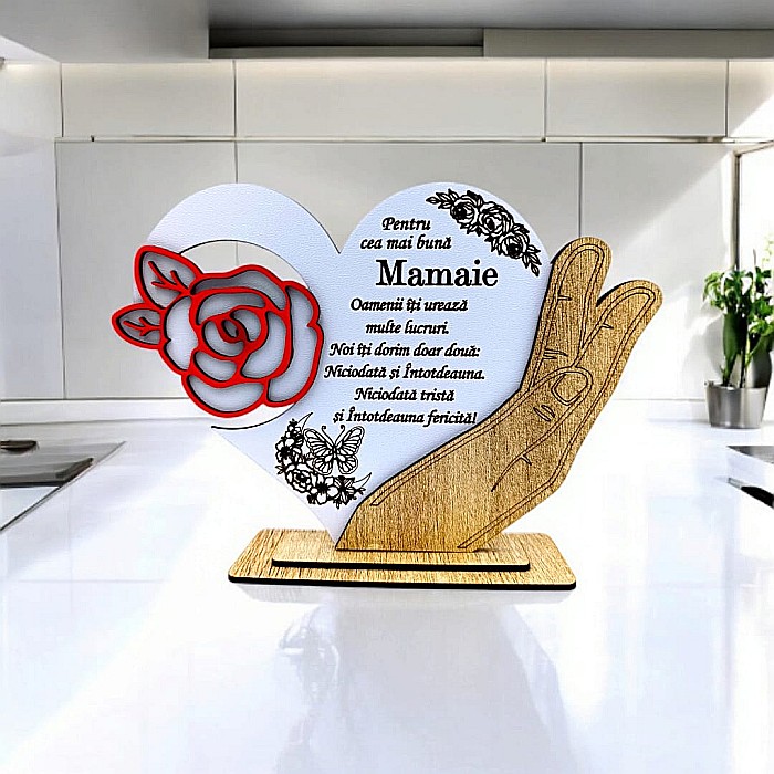 Cadou personalizat, tablou inima in palma cu mesaj standard pentru Mamaie, 21x15cm [1]