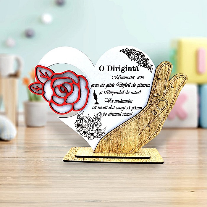 Cadou personalizat, tablou inima in palma cu mesaj standard pentru Diriginta, 21x15cm [1]