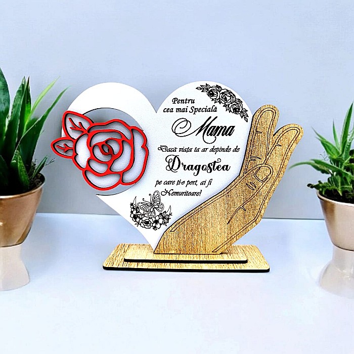 Cadou personalizat, tablou inima in palma cu mesaj standard pentru "Cea mai speciala Mama", 21x15cm [1]
