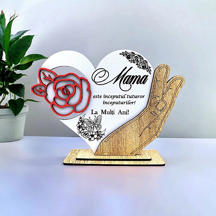 Cadou personalizat, tablou inima in palma cu mesaj standard pentru "Mama este inceputul...", 21x15cm [1]