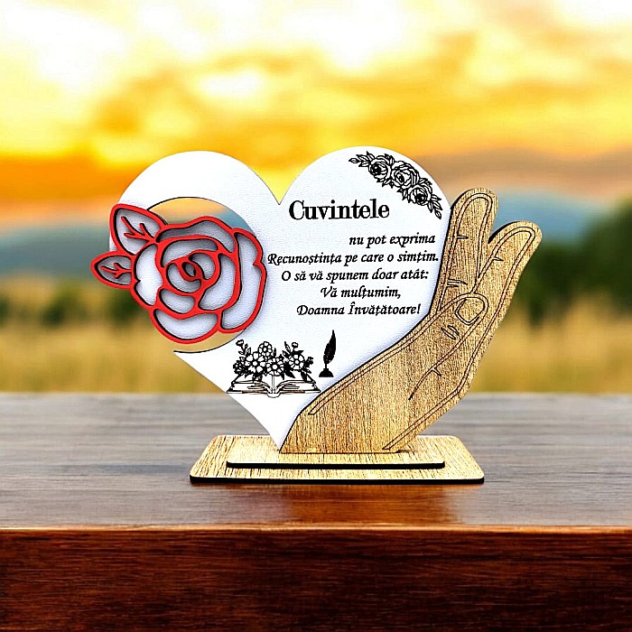 Cadou personalizat, tablou inima in palma cu mesaj standard pentru Invatatoare,model 2, 21x15cm [1]