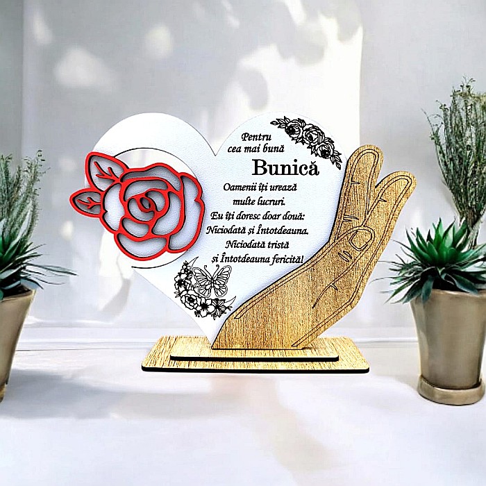 Cadou personalizat, tablou inima in palma cu mesaj standard pentru "Cea mai buna Bunica", 21x15cm [1]