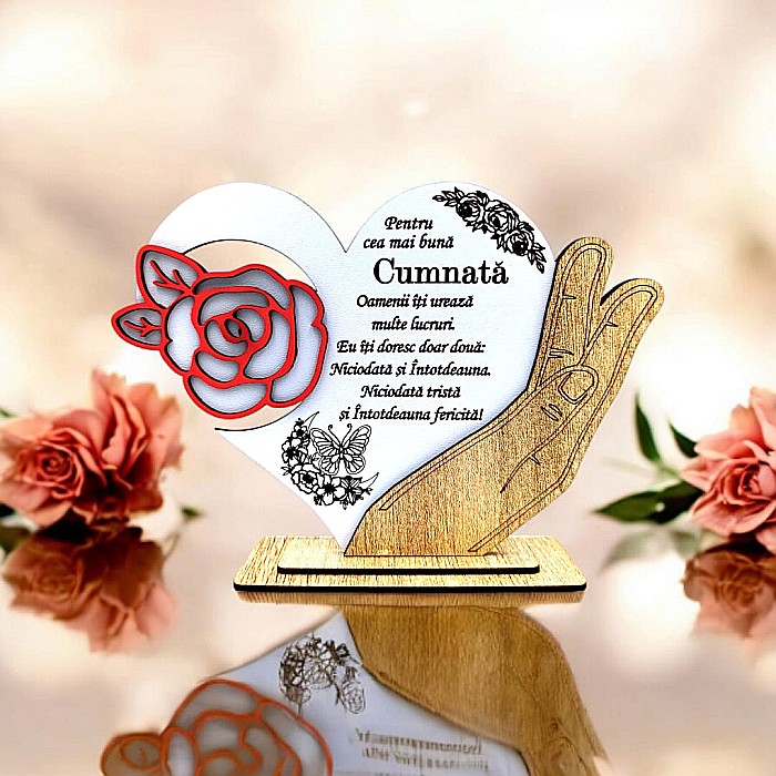 Cadou personalizat, tablou inima in palma cu mesaj standard pentru "Cea mai buna Cumnata", 21x15cm [1]