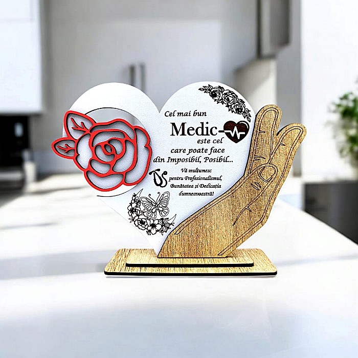 Cadou personalizat, tablou inima in palma cu mesaj standard pentru "Cel mai bun Medic", 21x15cm [1]