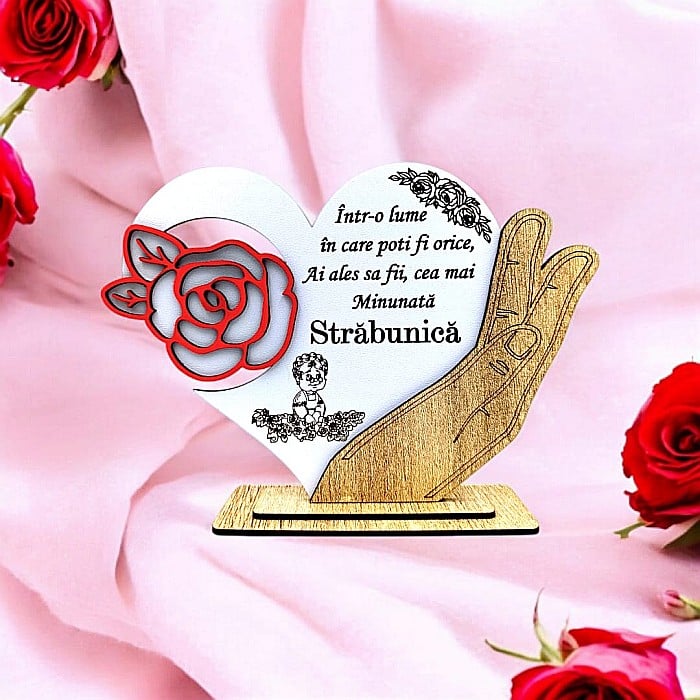 Cadou personalizat, tablou inima in palma cu mesaj standard pentru "Cea mai minunata Strabunica", 21x15cm [1]