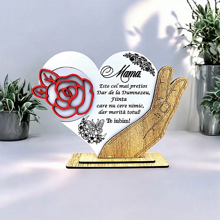 Cadou personalizat, tablou inima in palma cu mesaj standard pentru "Mama este cel mai pretios dar...", 21x15cm [1]