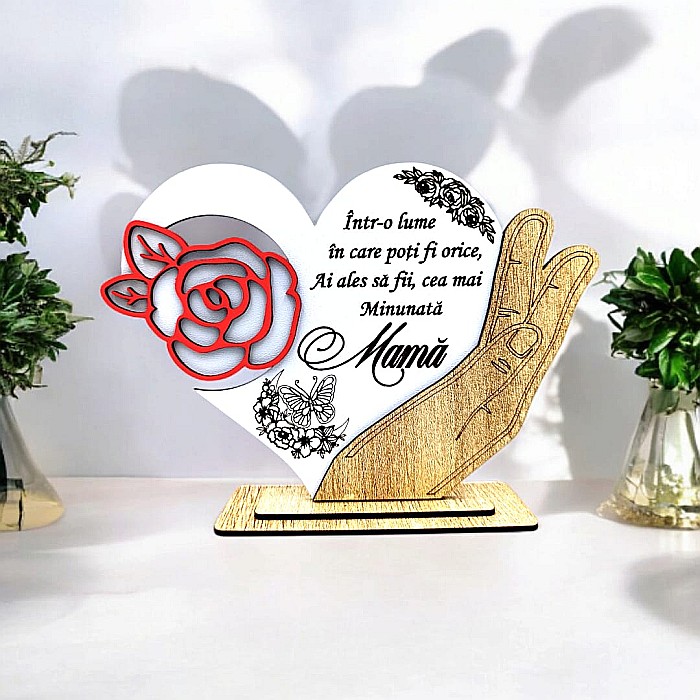 Cadou personalizat, tablou inima in palma cu mesaj standard "Cea mai minunata Mama", 21x15cm [1]
