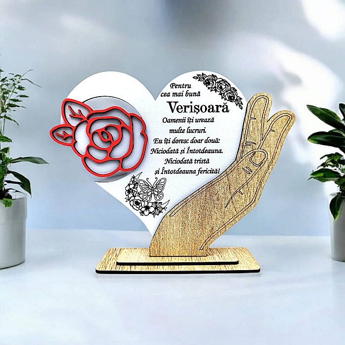 Cadou personalizat, tablou inima in palma cu mesaj standard "Cea mai buna Verisoara", 21x15cm [1]