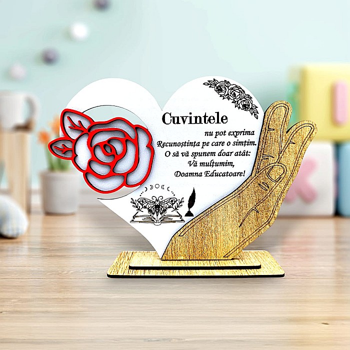 Cadou personalizat, tablou inima in palma cu mesaj standard pentru "Doamna Educatoare", 21x15cm [1]
