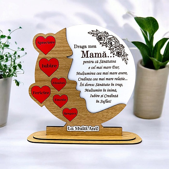 Cadou personalizat, tablou din lemn cu inimi rosii si mesaj standard pentru Mama, maro [1]