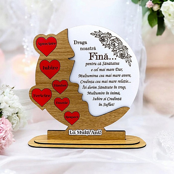 Cadou personalizat, tablou din lemn cu inimi rosii si mesaj standard pentru Fina, maro [1]