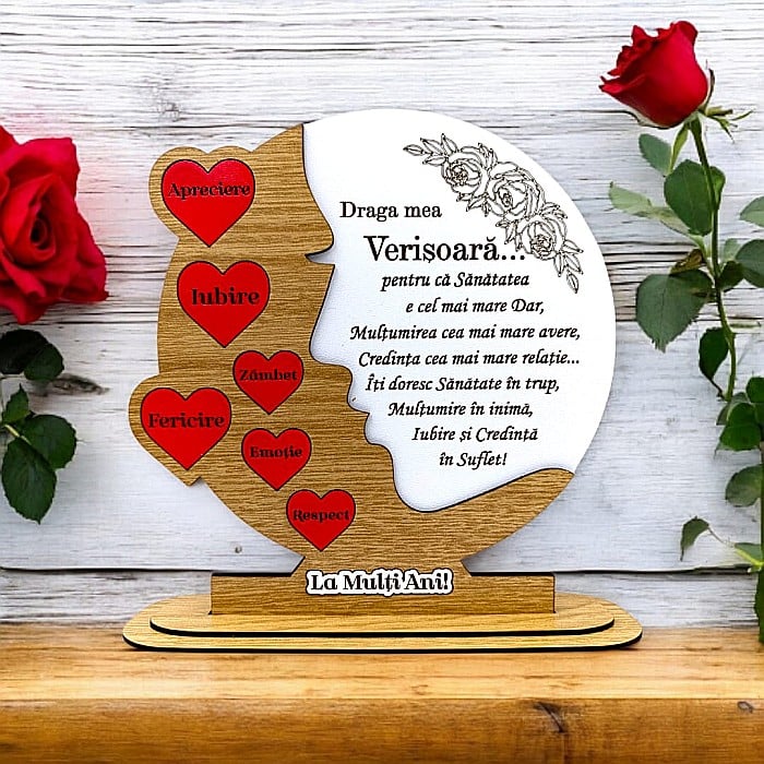Cadou personalizat, tablou din lemn cu inimi rosii si mesaj standard pentru Verisoara, maro [1]