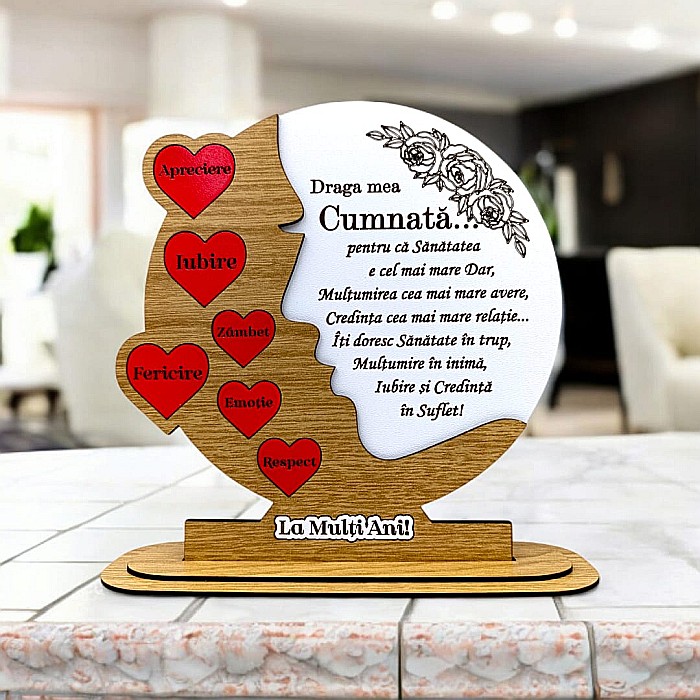 Cadou personalizat, tablou din lemn cu inimi rosii si mesaj standard pentru Cumnata, maro [1]