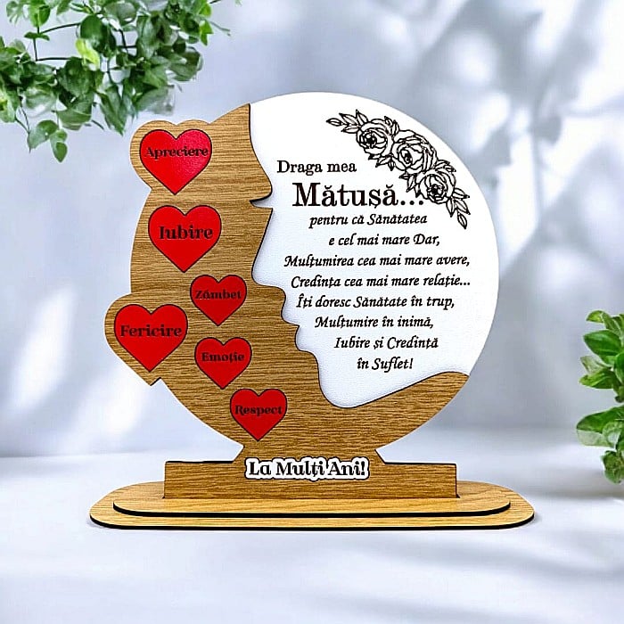Cadou personalizat, tablou din lemn cu inimi rosii si mesaj standard pentru Matusa, maro [1]