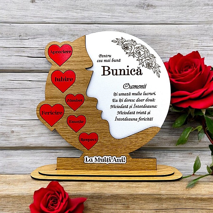 Cadou personalizat, tablou din lemn cu inimi rosii si mesaj standard pentru Bunica, maro [1]
