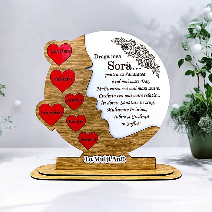 Cadou personalizat, tablou din lemn cu inimi rosii si mesaj standard pentru Sora, maro [1]
