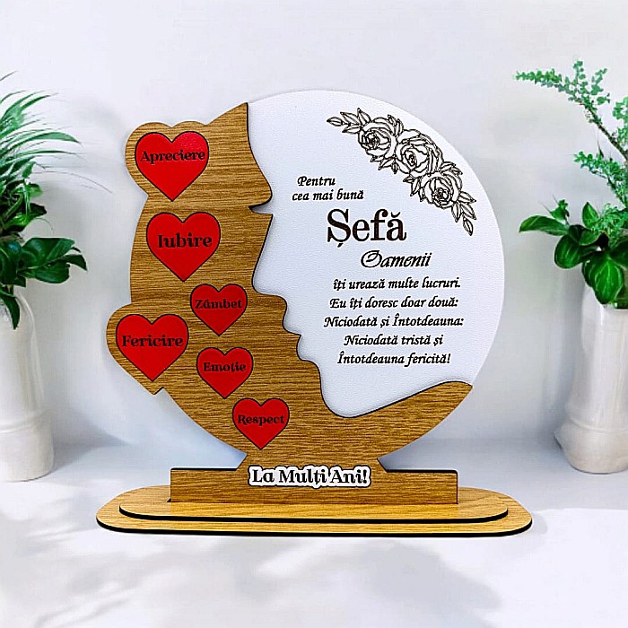 Cadou personalizat, tablou din lemn cu inimi rosii si mesaj standard pentru "Cea mai buna Sefa", maro [1]
