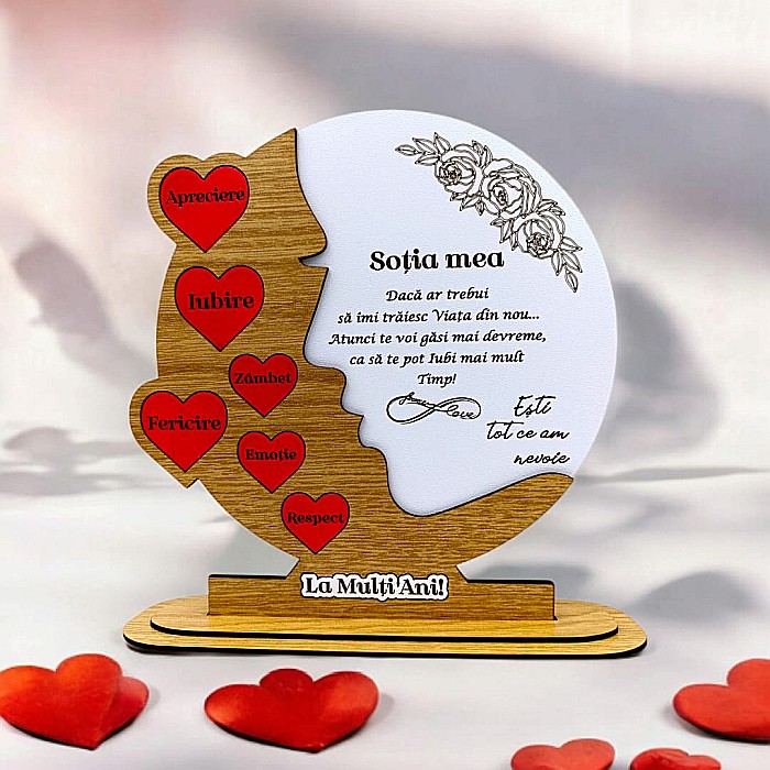 Cadou personalizat, tablou din lemn cu inimi rosii si mesaj standard pentru "Sotia Mea", maro [1]