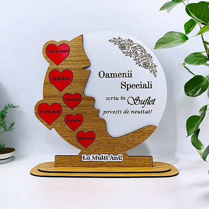 Cadou personalizat, tablou din lemn cu inimi rosii si mesaj standard pentru Oamenii Speciali, maro [1]