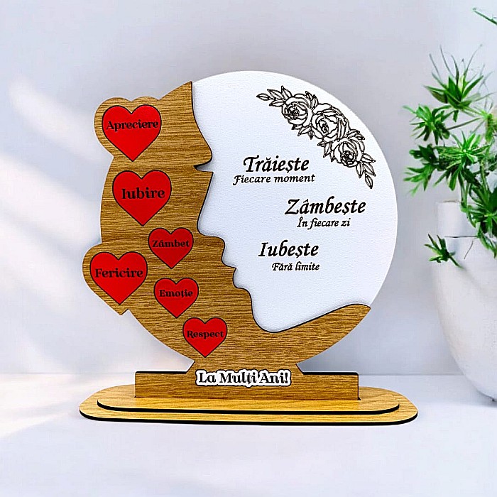 Cadou personalizat, tablou din lemn cu inimi rosii si mesaj standard pentru"Traieste, Zambeste, Iubeste", maro [1]