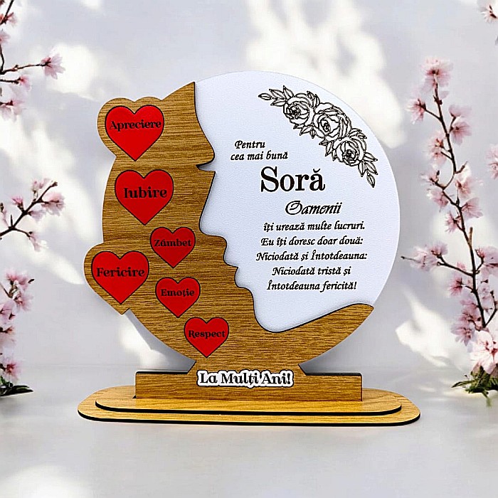 Cadou personalizat, tablou din lemn cu inimi rosii si mesaj standard pentru "Cea mai buna Sora", maro [1]