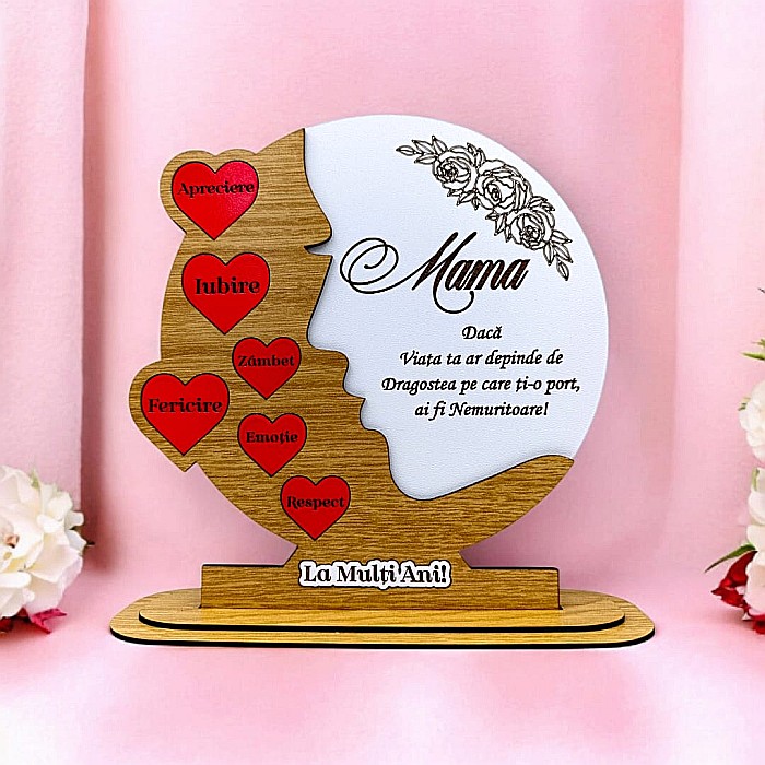 Cadou personalizat, tablou din lemn cu inimi rosii si mesaj standard pentru Mama, model 4, maro [1]