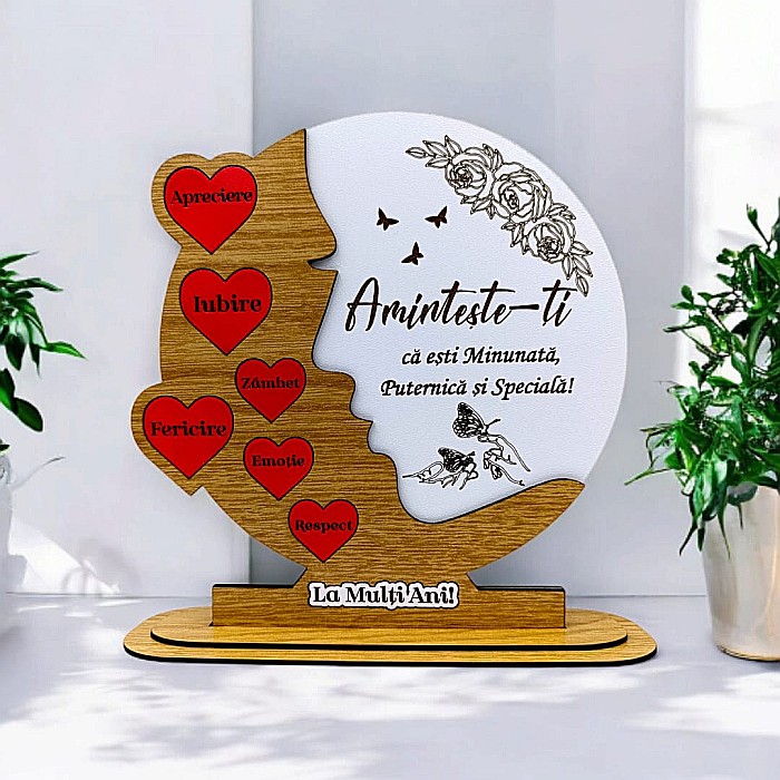 Cadou personalizat, tablou din lemn cu inimi rosii si mesaj standard pentru Ziua Femeii/8Martie, maro [1]