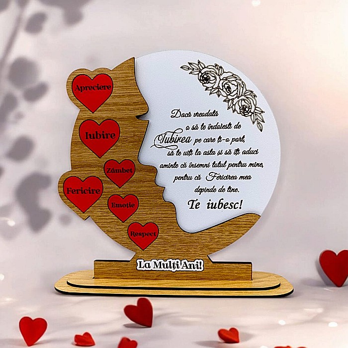 Cadou personalizat, tablou din lemn cu inimi rosii si mesaj standard pentru Sotie/Iubita, maro [1]