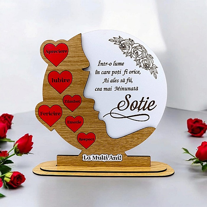 Cadou personalizat, tablou din lemn cu inimi rosii si mesaj standard pentru "Cea mai minunata Sotie", maro [1]