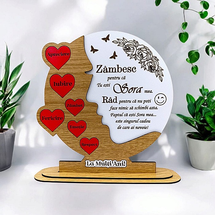 Cadou personalizat, tablou din lemn cu inimi rosii si mesaj standard pentru Sora, model 2, maro [1]