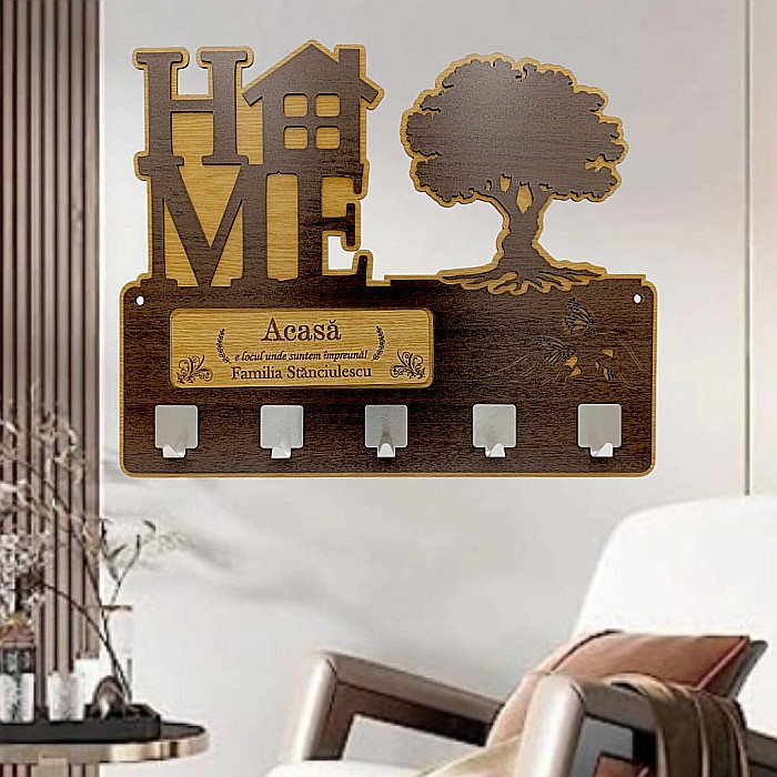 Cadou personalizat, blank cuier decorativ cu copac pentru perete cu mesaj standard "Acasa este locul unde suntem impreuna!" [1]