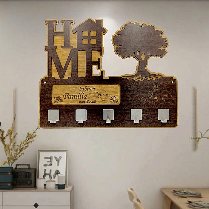 Cadou personalizat, blank cuier decorativ cu copac pentru perete cu mesaj standard "Iubirea este cheia, Familia este totul!" , 40x30cm [1]