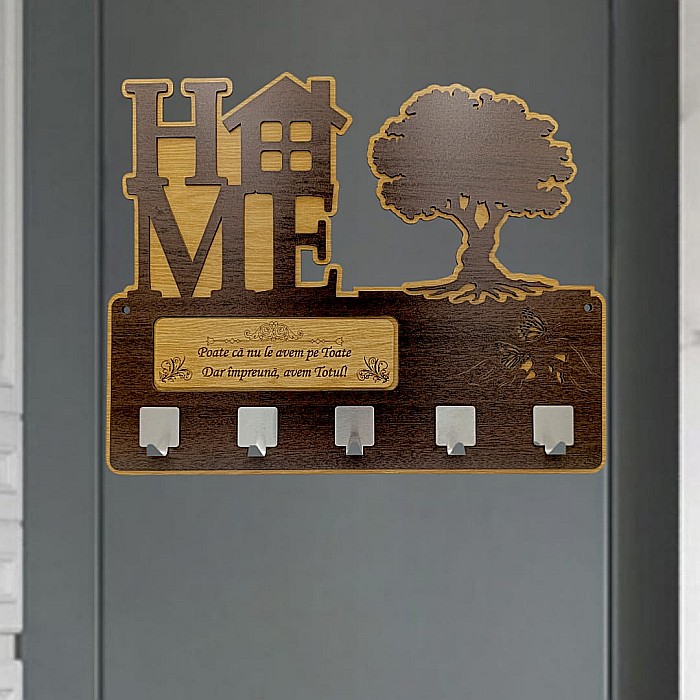 Cadou personalizat, blank cuier decorativ cu copac pentru perete cu mesaj standard "Poate ca nu le avem pe toate, dar impreuna avem totul!" , 40x30cm [1]