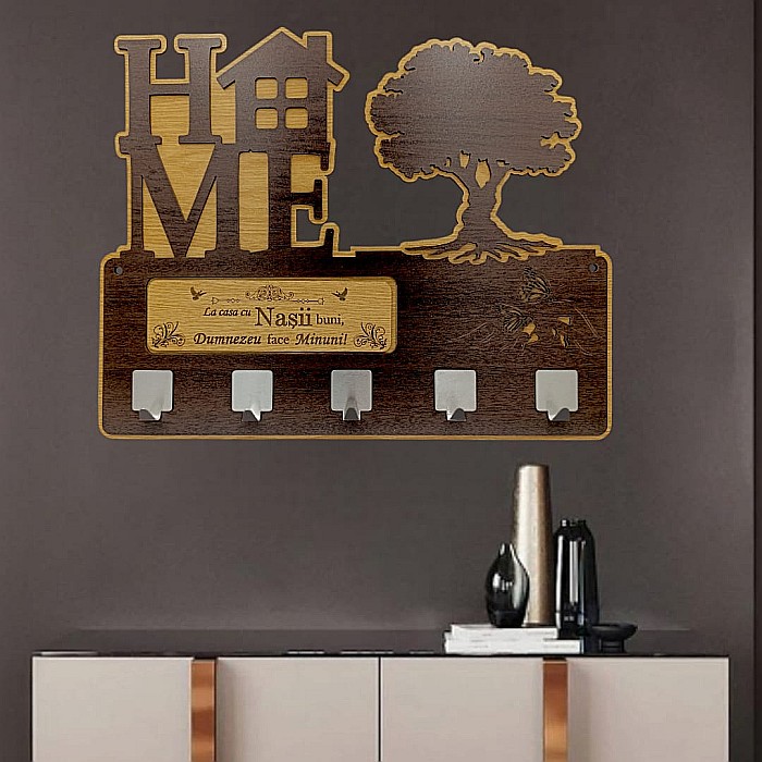 Cadou personalizat, blank cuier decorativ cu copac pentru perete cu mesaj standard "La casa cu Nasii buni..." , 40x30cm [1]