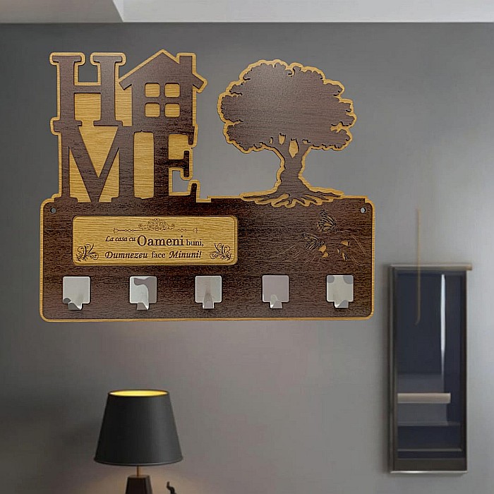 Cadou personalizat, blank cuier decorativ cu copac pentru perete cu mesaj standard "La casa cu Oamenii buni..." , 40x30cm [1]