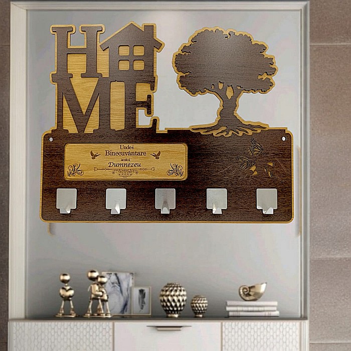 Cadou personalizat, blank cuier decorativ cu copac pentru perete cu mesaj standard "Unde-i Binecuvantare, acolo-i Dumnezeu!" , 40x30cm [1]