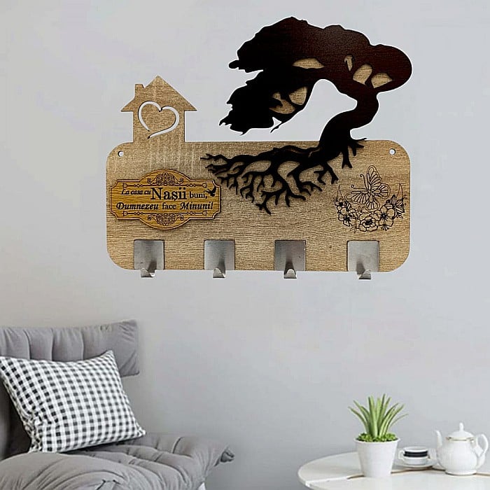 Cadou personalizat, blank cuier decorativ cu bonsai pentru perete cu mesaj standard "La casa cu Nasii buni...!" [1]