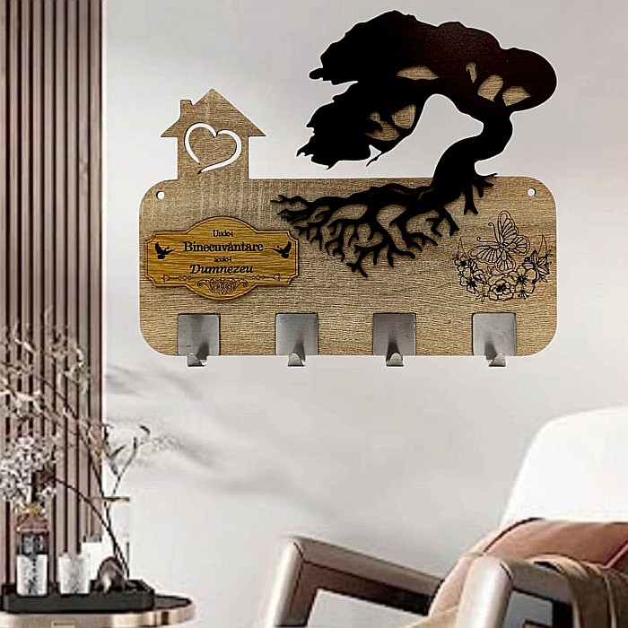 Cadou personalizat, blank cuier decorativ cu bonsai pentru perete cu mesaj standard "Unde-i Binecuvantare, Acolo-i Dumnezeu!" [1]