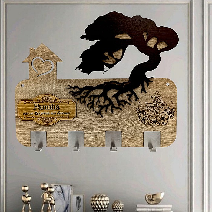 Cadou personalizat, blank cuier decorativ cu bonsai pentru perete cu mesaj standard "Familia este un Rai primit mai devreme!" [1]