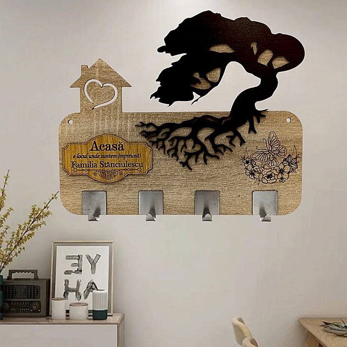 Cadou personalizat, blank cuier decorativ cu bonsai pentru perete cu mesaj standard "Acasa e locul unde suntem impreuna!" [1]