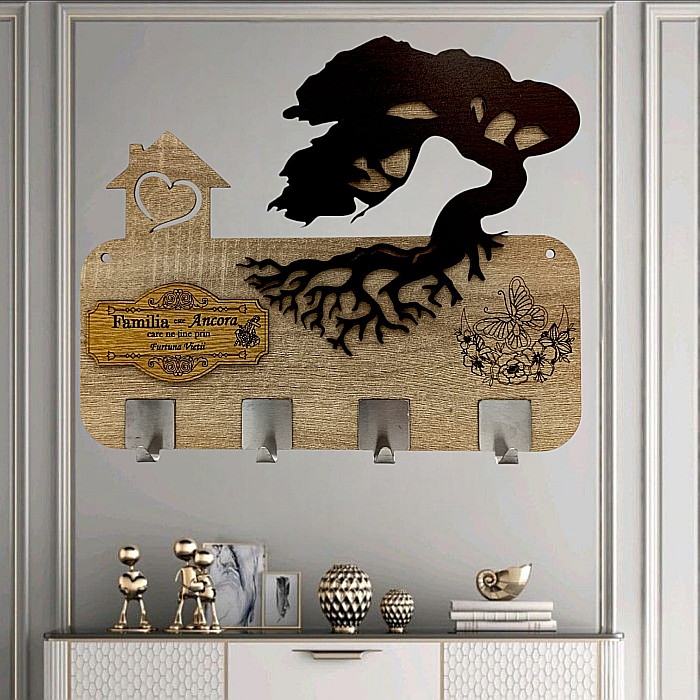 Cadou personalizat, blank cuier decorativ cu bonsai pentru perete cu mesaj standard "Familia este ancora, care ne tine prin furtuniile vietii!" [1]