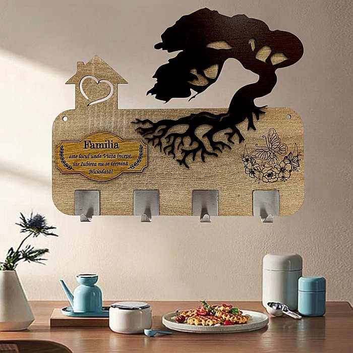 Cadou personalizat, blank cuier decorativ cu bonsai pentru perete cu mesaj standard "Familia este locul unde viata incepe...!" [1]