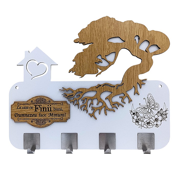 Cadou personalizat, blank cuier decorativ cu bonsai pentru perete cu mesaj standard "La Casa cu Finii buni..." , alb [1]