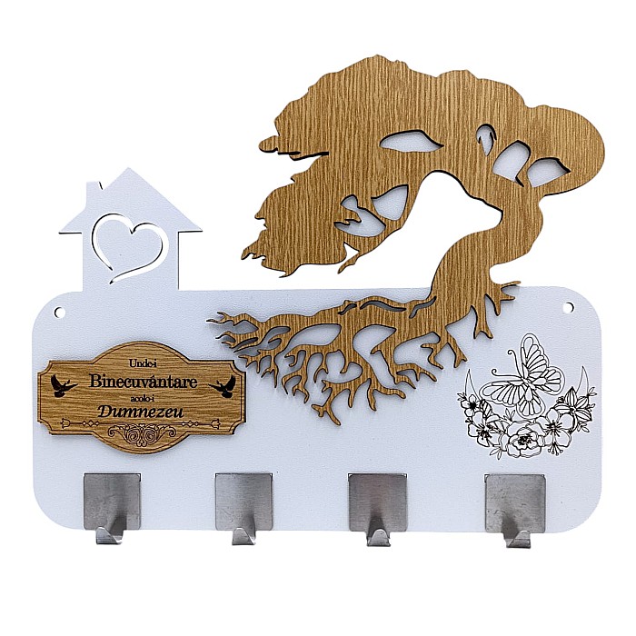 Cadou personalizat, blank cuier decorativ cu bonsai pentru perete cu mesaj standard "Unde-i Binecuvantare, Acolo-i Dumnezeu!", alb [1]