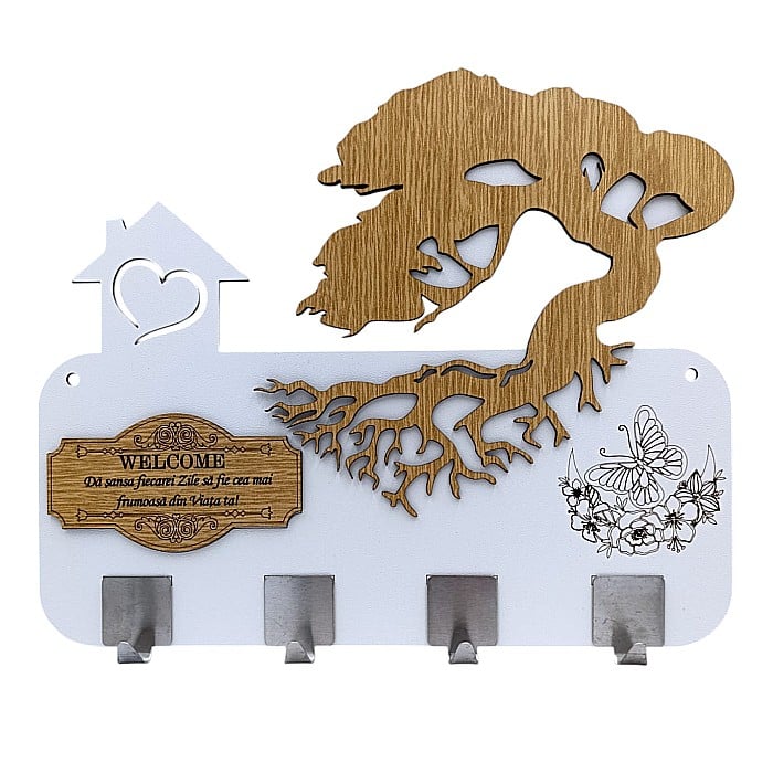 Cadou personalizat, blank cuier decorativ cu bonsai pentru perete cu mesaj standard "Welcome", alb [1]