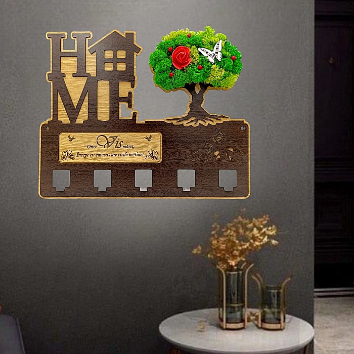 Cadou personalizat, cuier decorat cu licheni pe copac pentru perete cu mesaj standard "Orice vis maret, incepe cu cineva care crede in tine!" , 40x30cm [1]