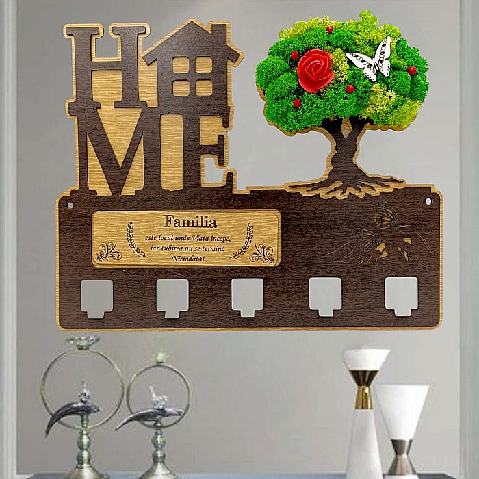 Cadou personalizat, cuier decorat cu licheni pe copac pentru perete cu mesaj standard "Familia este locul unde viata incepe..." , 40x30cm [1]