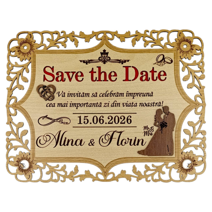 Plachetă Save the Date din Lemn Personalizată – Cadou Nuntă sau Cununie (40x25 cm / 30x23 cm) [1]