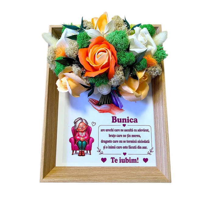 Tablou decorativ pentru Bunica, cu flori și licheni, rama din lemn [2]
