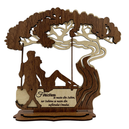 Blank Copac cu figurina - Decoratiune din lemn cu silueta de cuplu pe leagan pentru Sotie/Sot/Indragotiti – 22 cm - Nuc